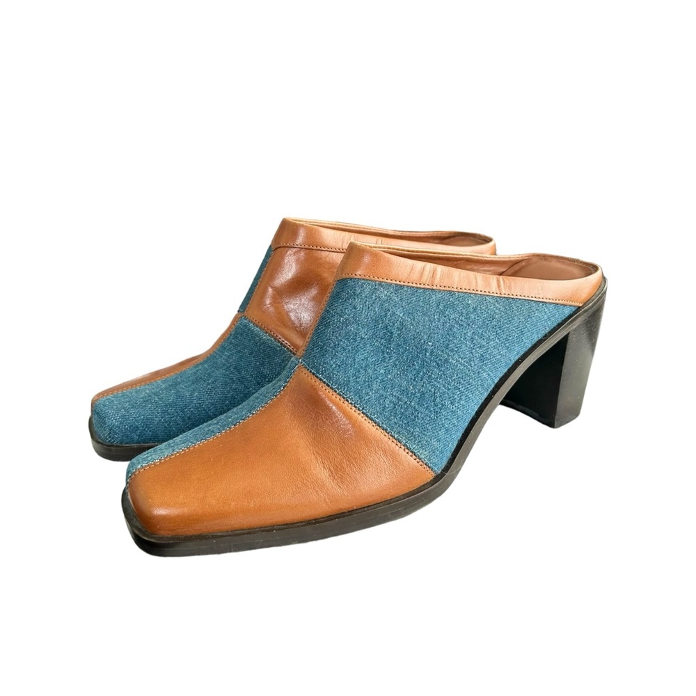 Vintage Y2K Worthington Denim Patchwork Square Toe Leather Mules